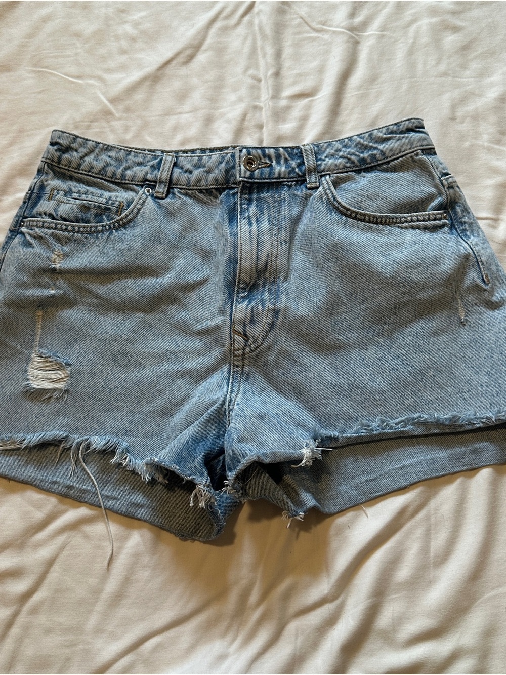 Zara Light Blue Distressed High-Rise Denim Shorts